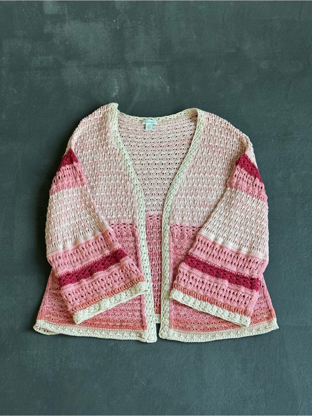 Sundance Open-Front Multi-Pink Crochet Cardigan with Cream Trim